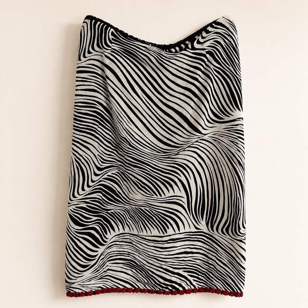 Harold's Women's Size 14 Zebra Print Rayon Skirt Red Pom Pom Rose Trim USA
